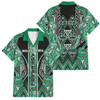 Aotearoa Ngati Awa Family Matching Off The Shoulder Long Sleeve Dress and Hawaiian Shirt Maori Tribal Green Marble Paua Shell Pattern