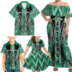 Aotearoa Ngati Awa Family Matching Off Shoulder Maxi Dress and Hawaiian Shirt Maori Tribal Green Marble Paua Shell Pattern