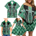 Aotearoa Ngati Awa Family Matching Off Shoulder Short Dress and Hawaiian Shirt Maori Tribal Green Marble Paua Shell Pattern