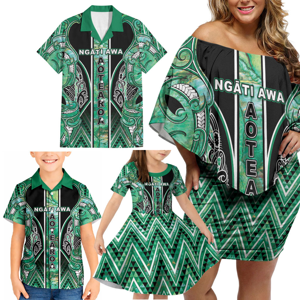 Aotearoa Ngati Awa Family Matching Off Shoulder Short Dress and Hawaiian Shirt Maori Tribal Green Marble Paua Shell Pattern
