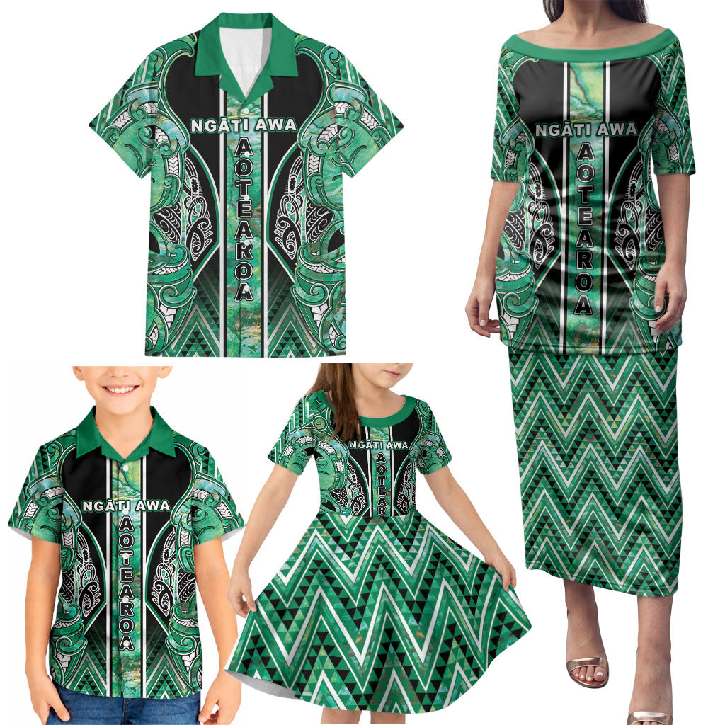 Aotearoa Ngati Awa Family Matching Puletasi and Hawaiian Shirt Maori Tribal Green Marble Paua Shell Pattern