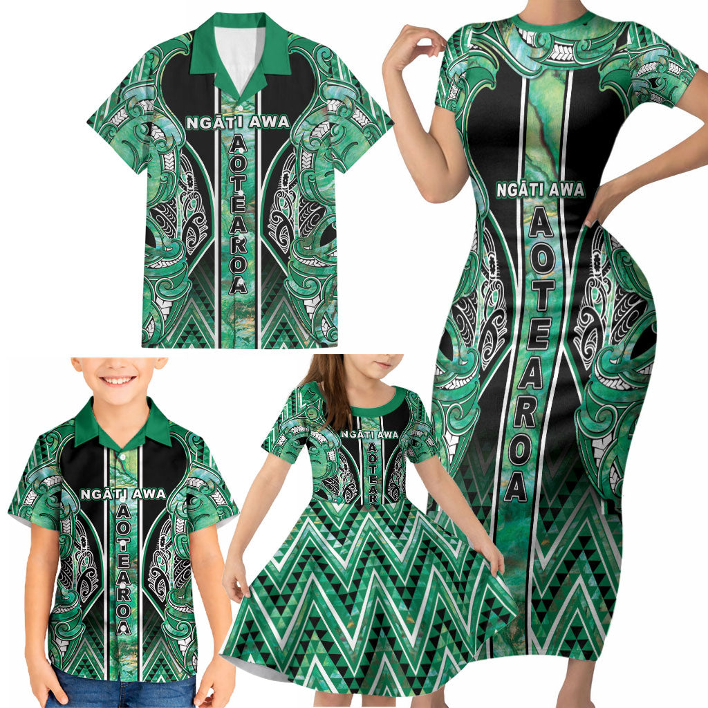 Aotearoa Ngati Awa Family Matching Short Sleeve Bodycon Dress and Hawaiian Shirt Maori Tribal Green Marble Paua Shell Pattern