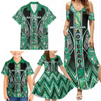 Aotearoa Ngati Awa Family Matching Summer Maxi Dress and Hawaiian Shirt Maori Tribal Green Marble Paua Shell Pattern
