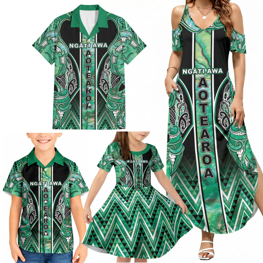 Aotearoa Ngati Awa Family Matching Summer Maxi Dress and Hawaiian Shirt Maori Tribal Green Marble Paua Shell Pattern