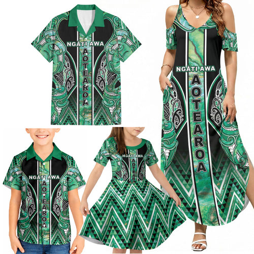 Aotearoa Ngati Awa Family Matching Summer Maxi Dress and Hawaiian Shirt Maori Tribal Green Marble Paua Shell Pattern