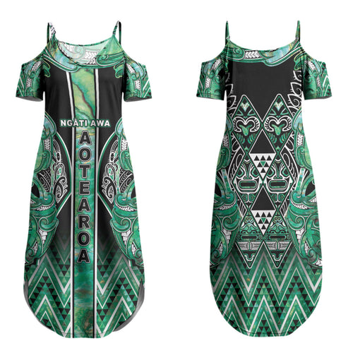 Aotearoa Ngati Awa Family Matching Summer Maxi Dress and Hawaiian Shirt Maori Tribal Green Marble Paua Shell Pattern