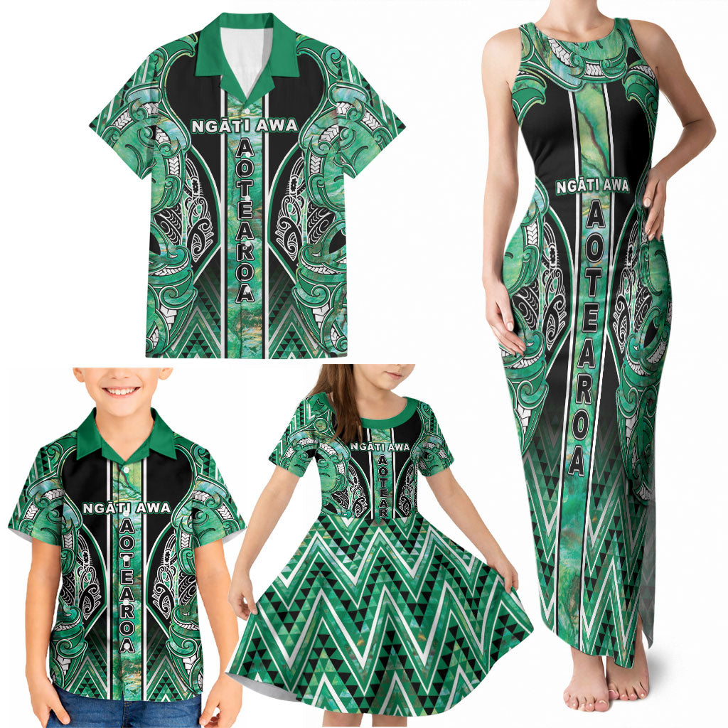 Aotearoa Ngati Awa Family Matching Tank Maxi Dress and Hawaiian Shirt Maori Tribal Green Marble Paua Shell Pattern