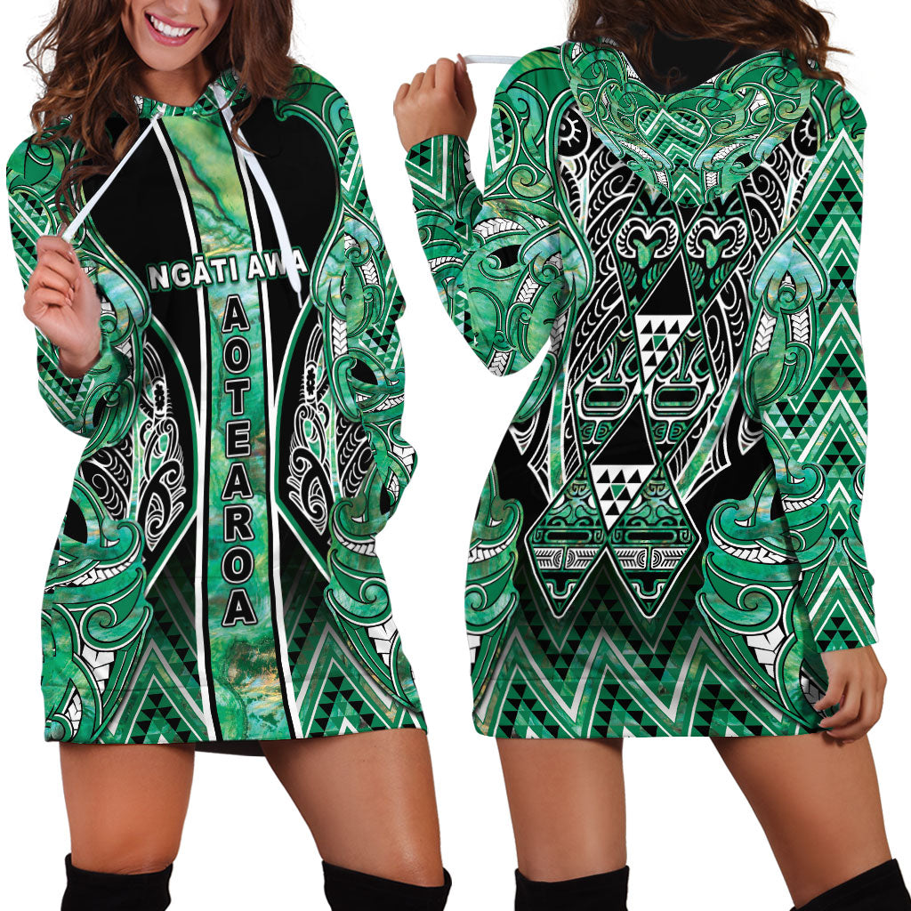 Aotearoa Ngati Awa Hoodie Dress Maori Tribal Green Marble Paua Shell Pattern