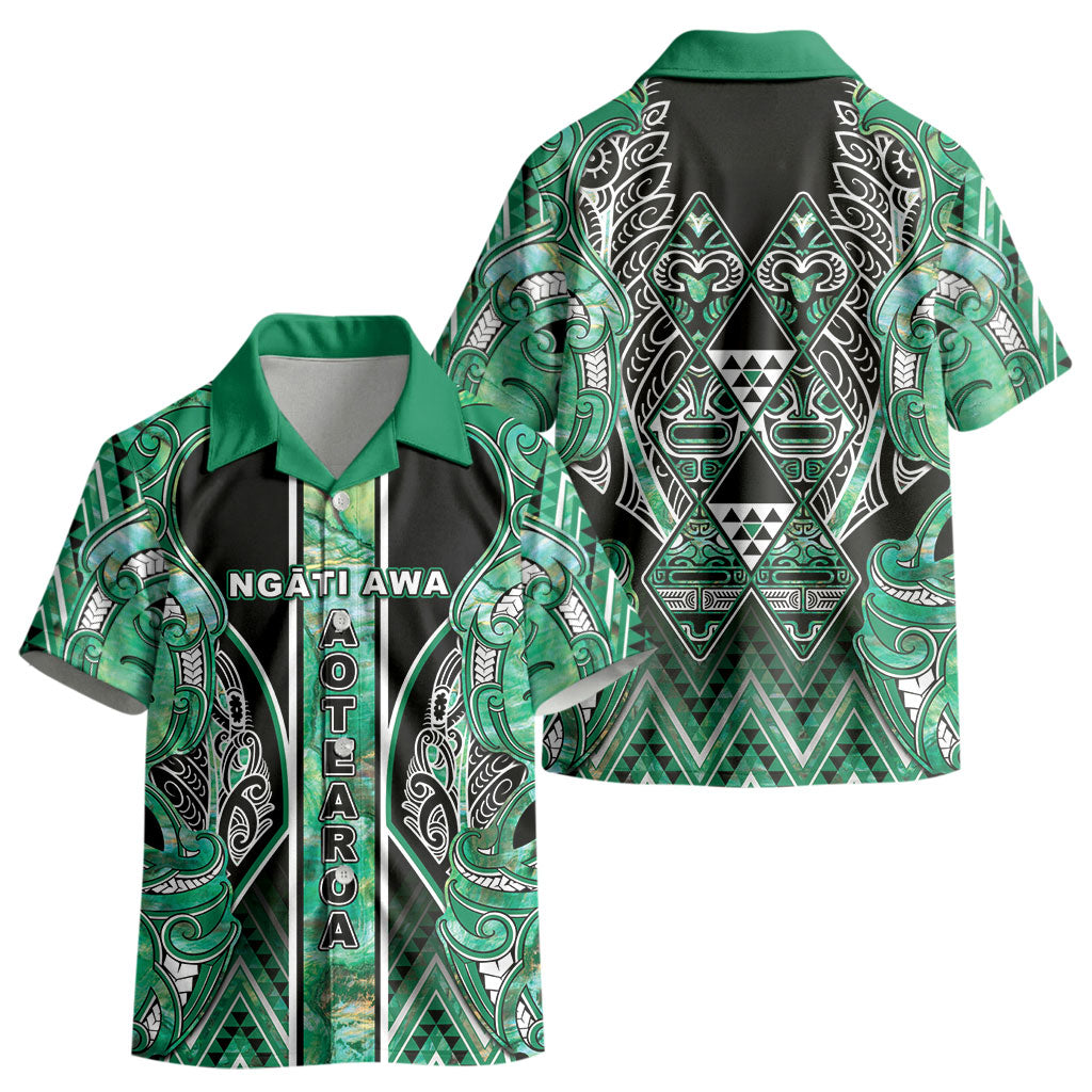 Aotearoa Ngati Awa Kid Hawaiian Shirt Maori Tribal Green Marble Paua Shell Pattern