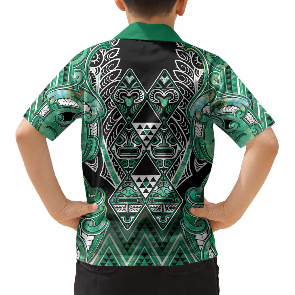 Aotearoa Ngati Awa Kid Hawaiian Shirt Maori Tribal Green Marble Paua Shell Pattern
