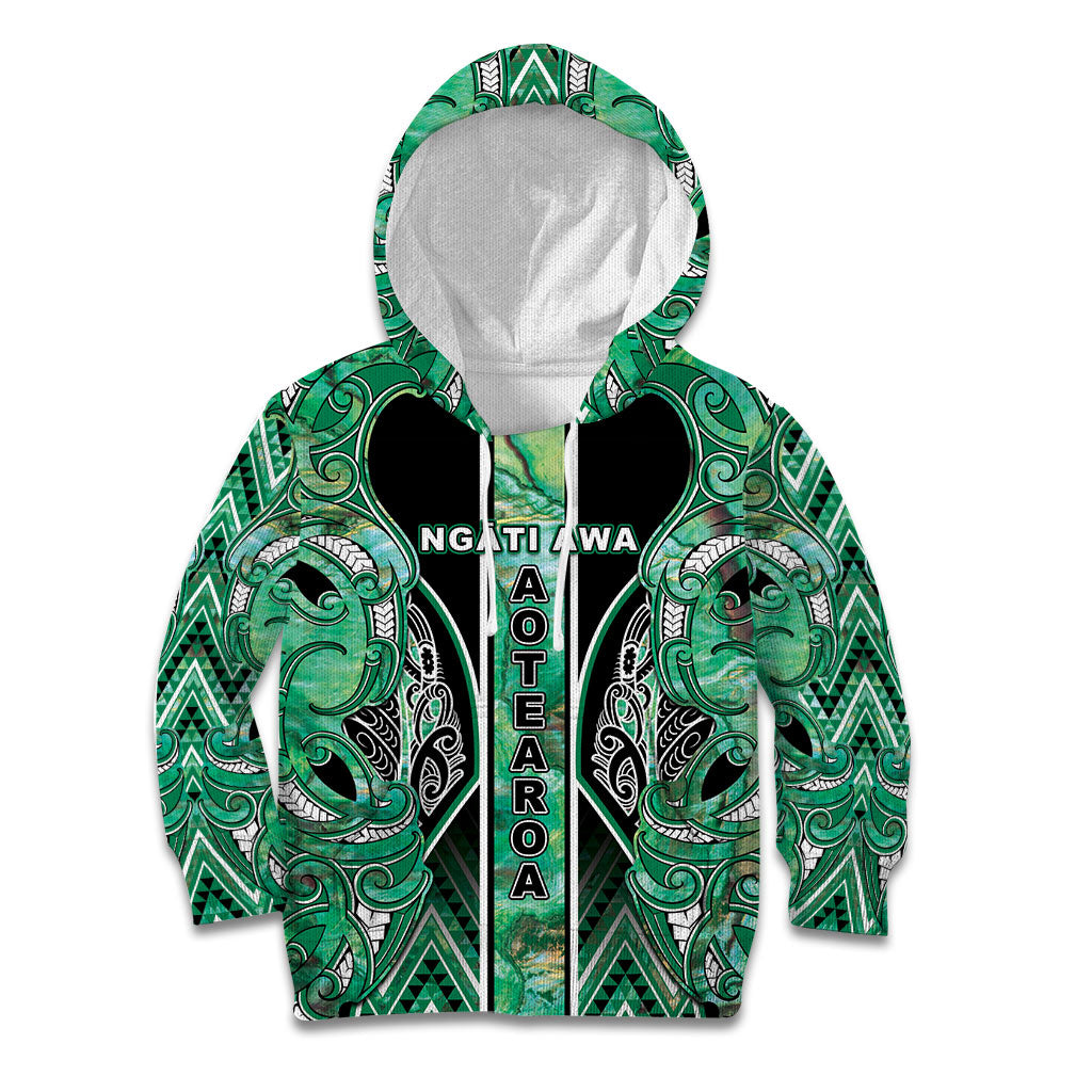 Aotearoa Ngati Awa Kid Hoodie Maori Tribal Green Marble Paua Shell Pattern