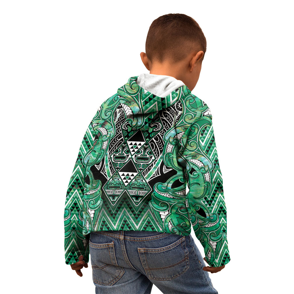 Aotearoa Ngati Awa Kid Hoodie Maori Tribal Green Marble Paua Shell Pattern