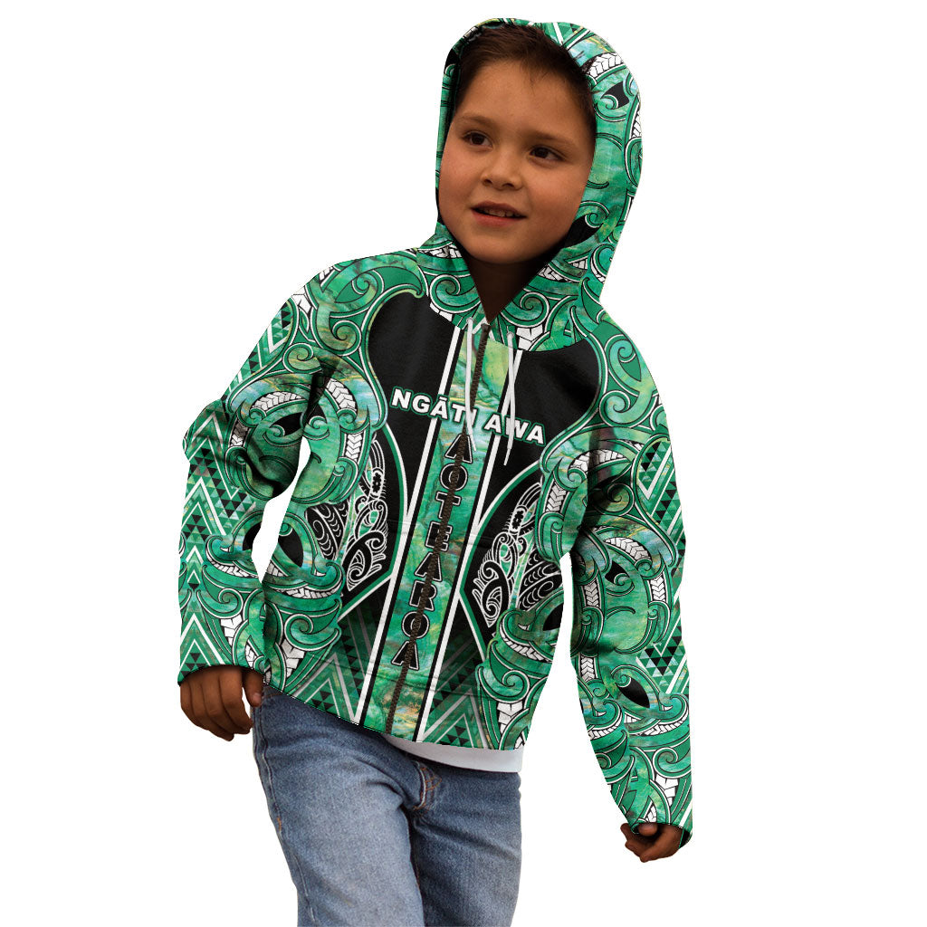 Aotearoa Ngati Awa Kid Hoodie Maori Tribal Green Marble Paua Shell Pattern