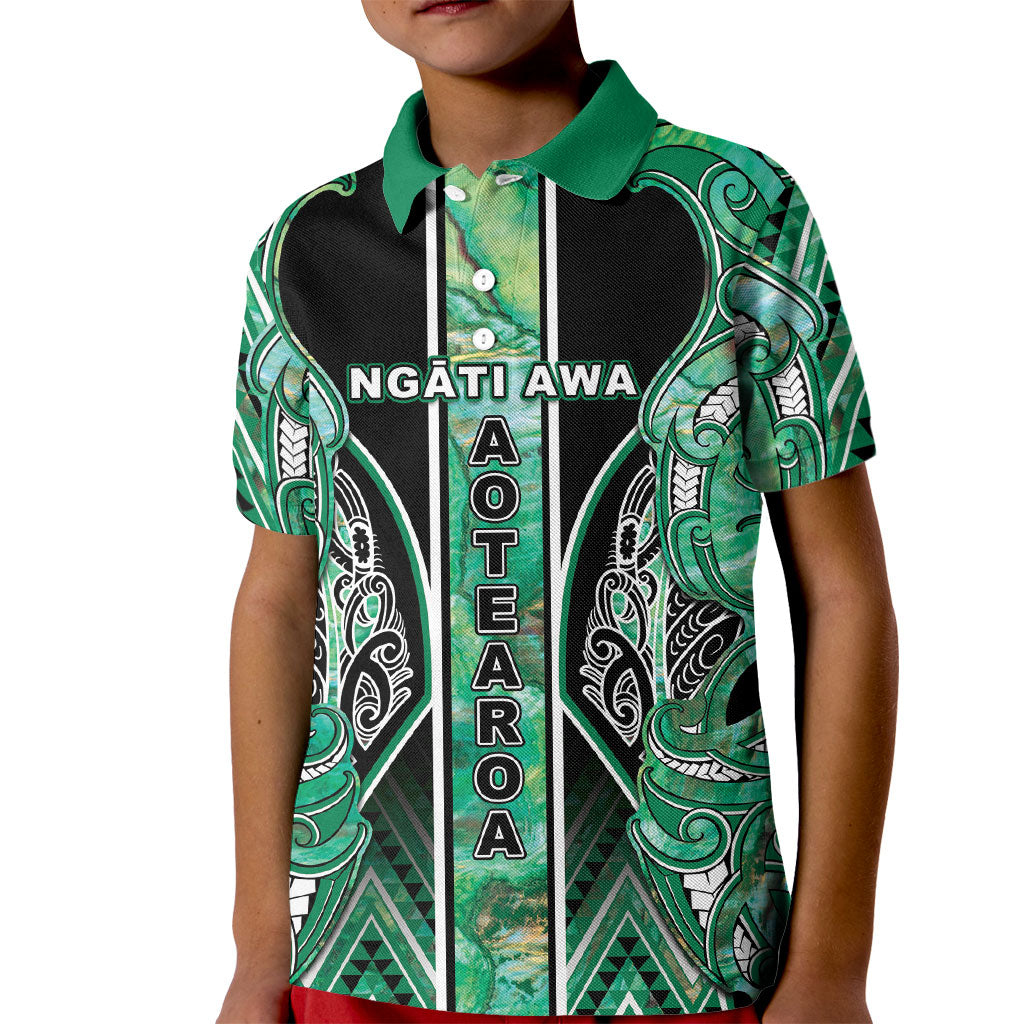 Aotearoa Ngati Awa Kid Polo Shirt Maori Tribal Green Marble Paua Shell Pattern