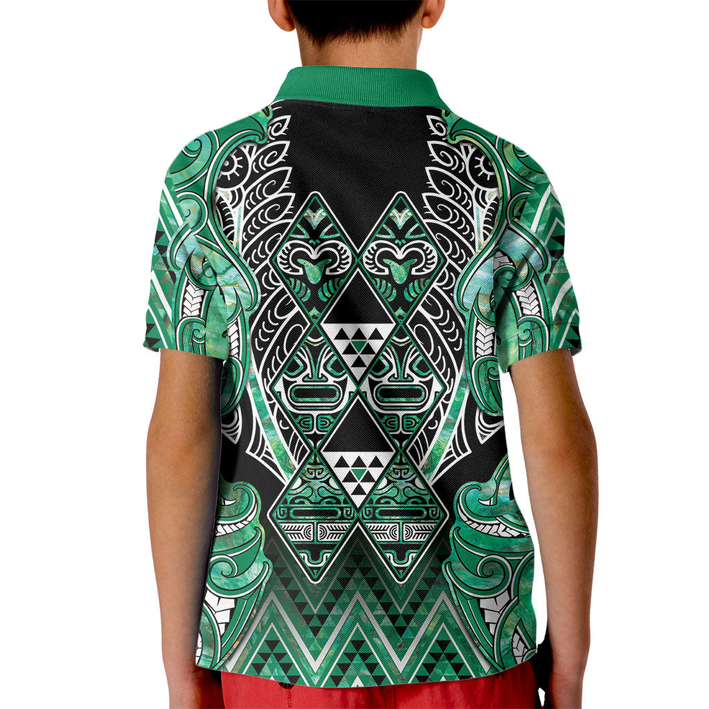 Aotearoa Ngati Awa Kid Polo Shirt Maori Tribal Green Marble Paua Shell Pattern