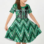 Aotearoa Ngati Awa Kid Short Sleeve Dress Maori Tribal Green Marble Paua Shell Pattern