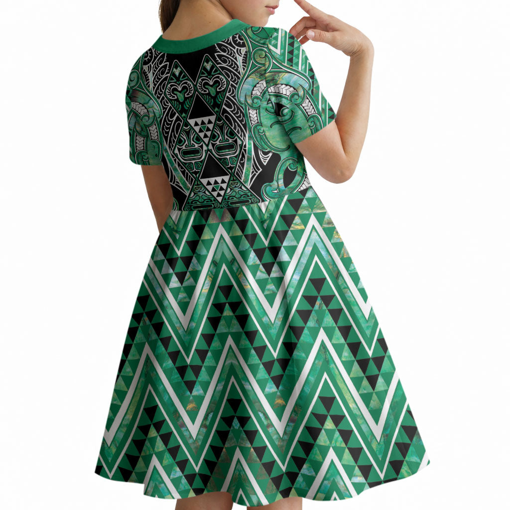 Aotearoa Ngati Awa Kid Short Sleeve Dress Maori Tribal Green Marble Paua Shell Pattern