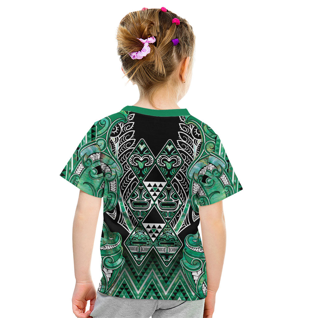 Aotearoa Ngati Awa Kid T Shirt Maori Tribal Green Marble Paua Shell Pattern