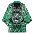 Aotearoa Ngati Awa Kimono Maori Tribal Green Marble Paua Shell Pattern