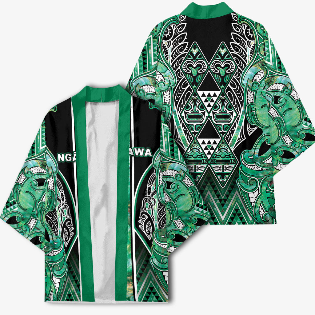 Aotearoa Ngati Awa Kimono Maori Tribal Green Marble Paua Shell Pattern