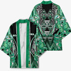 Aotearoa Ngati Awa Kimono Maori Tribal Green Marble Paua Shell Pattern