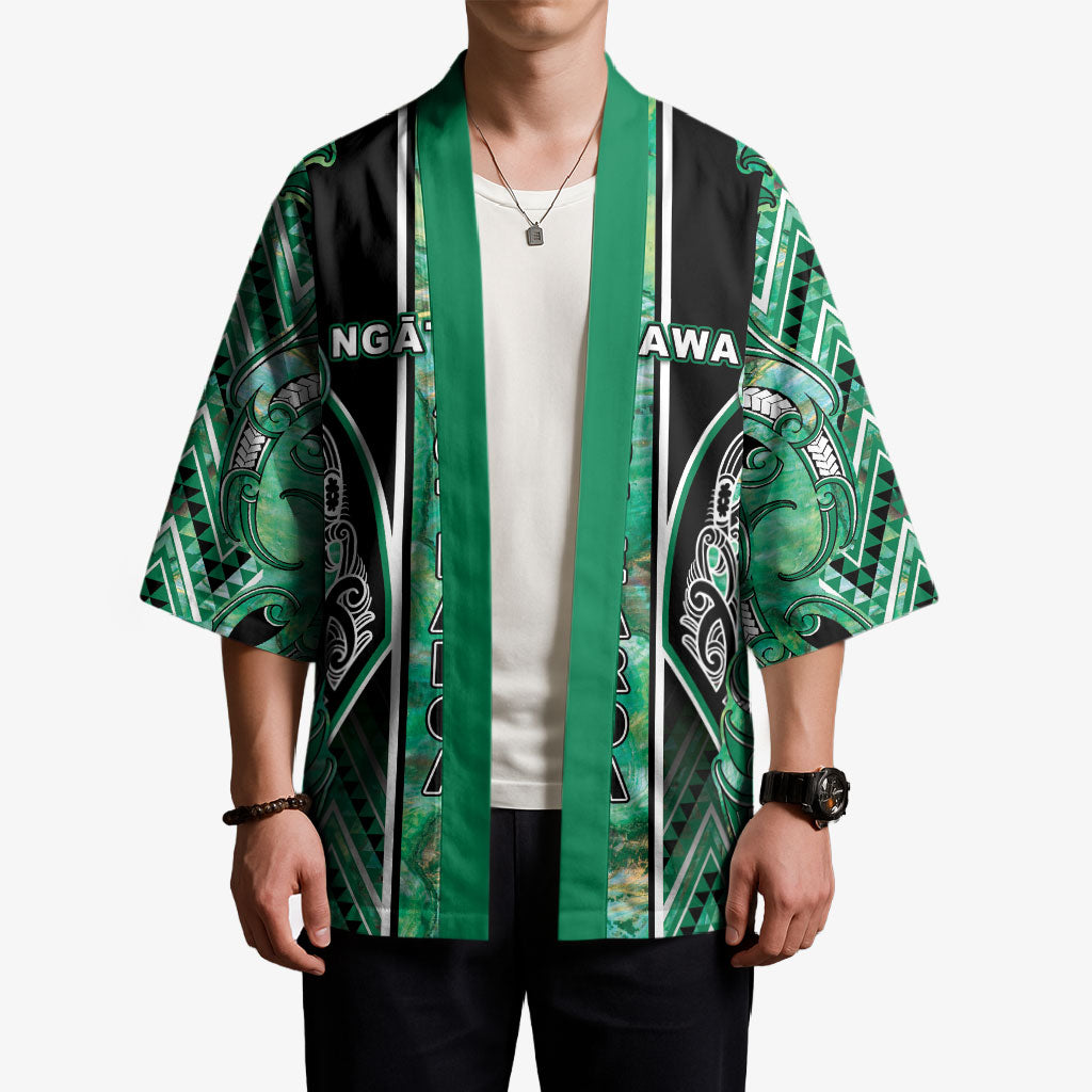 Aotearoa Ngati Awa Kimono Maori Tribal Green Marble Paua Shell Pattern
