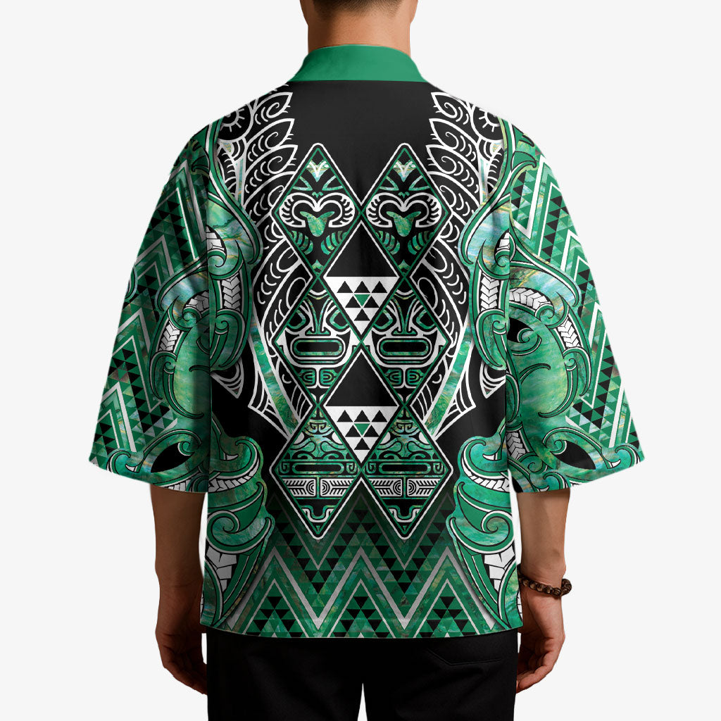 Aotearoa Ngati Awa Kimono Maori Tribal Green Marble Paua Shell Pattern