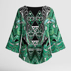 Aotearoa Ngati Awa Kimono Sleeve Blouse Maori Tribal Green Marble Paua Shell Pattern