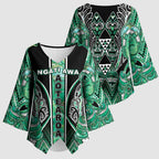 Aotearoa Ngati Awa Kimono Sleeve Blouse Maori Tribal Green Marble Paua Shell Pattern