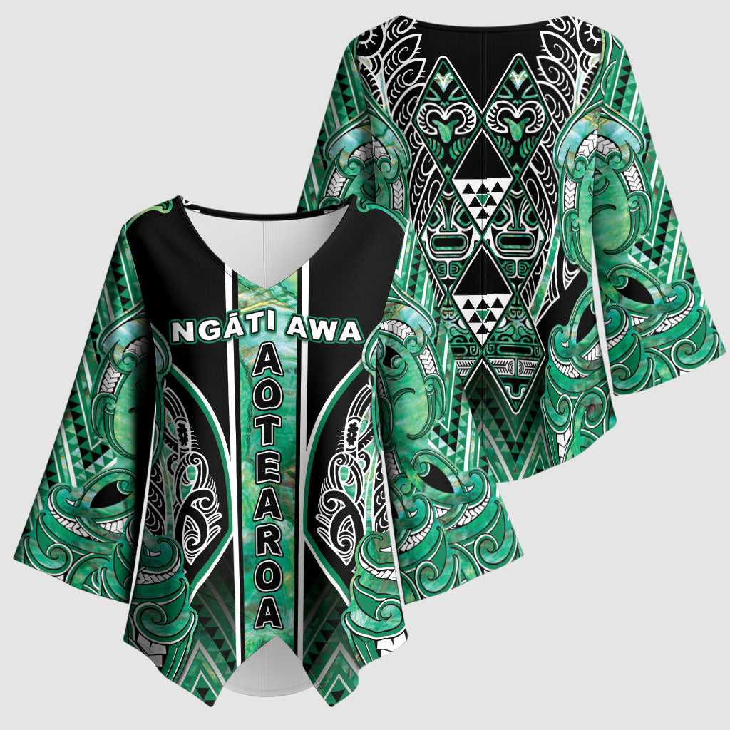 Aotearoa Ngati Awa Kimono Sleeve Blouse Maori Tribal Green Marble Paua Shell Pattern