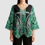 Aotearoa Ngati Awa Kimono Sleeve Blouse Maori Tribal Green Marble Paua Shell Pattern