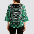 Aotearoa Ngati Awa Kimono Sleeve Blouse Maori Tribal Green Marble Paua Shell Pattern