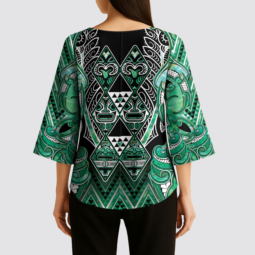 Aotearoa Ngati Awa Kimono Sleeve Blouse Maori Tribal Green Marble Paua Shell Pattern