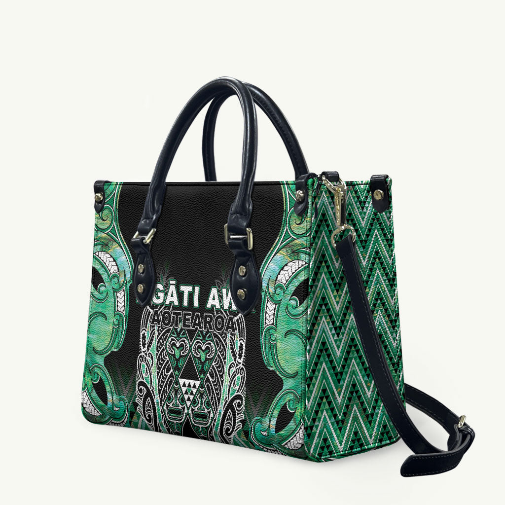 Aotearoa Ngati Awa Leather Bag Maori Tribal Green Marble Paua Shell Pattern