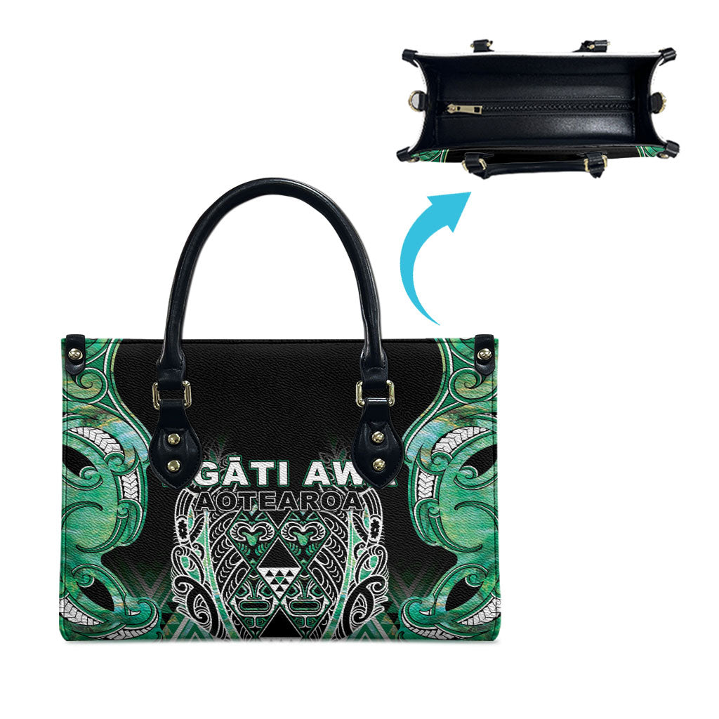 Aotearoa Ngati Awa Leather Bag Maori Tribal Green Marble Paua Shell Pattern