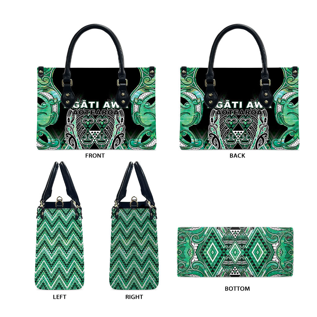 Aotearoa Ngati Awa Leather Bag Maori Tribal Green Marble Paua Shell Pattern