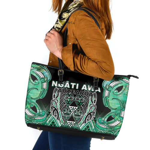 Aotearoa Ngati Awa Leather Tote Bag Maori Tribal Green Marble Paua Shell Pattern