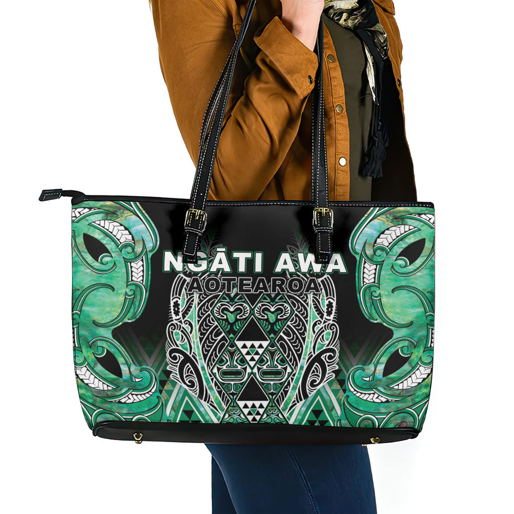 Aotearoa Ngati Awa Leather Tote Bag Maori Tribal Green Marble Paua Shell Pattern
