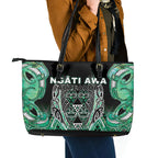 Aotearoa Ngati Awa Leather Tote Bag Maori Tribal Green Marble Paua Shell Pattern