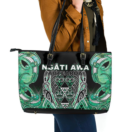 Aotearoa Ngati Awa Leather Tote Bag Maori Tribal Green Marble Paua Shell Pattern