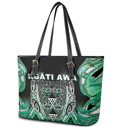 Aotearoa Ngati Awa Leather Tote Bag Maori Tribal Green Marble Paua Shell Pattern