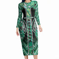 Aotearoa Ngati Awa Long Sleeve Bodycon Dress Maori Tribal Green Marble Paua Shell Pattern