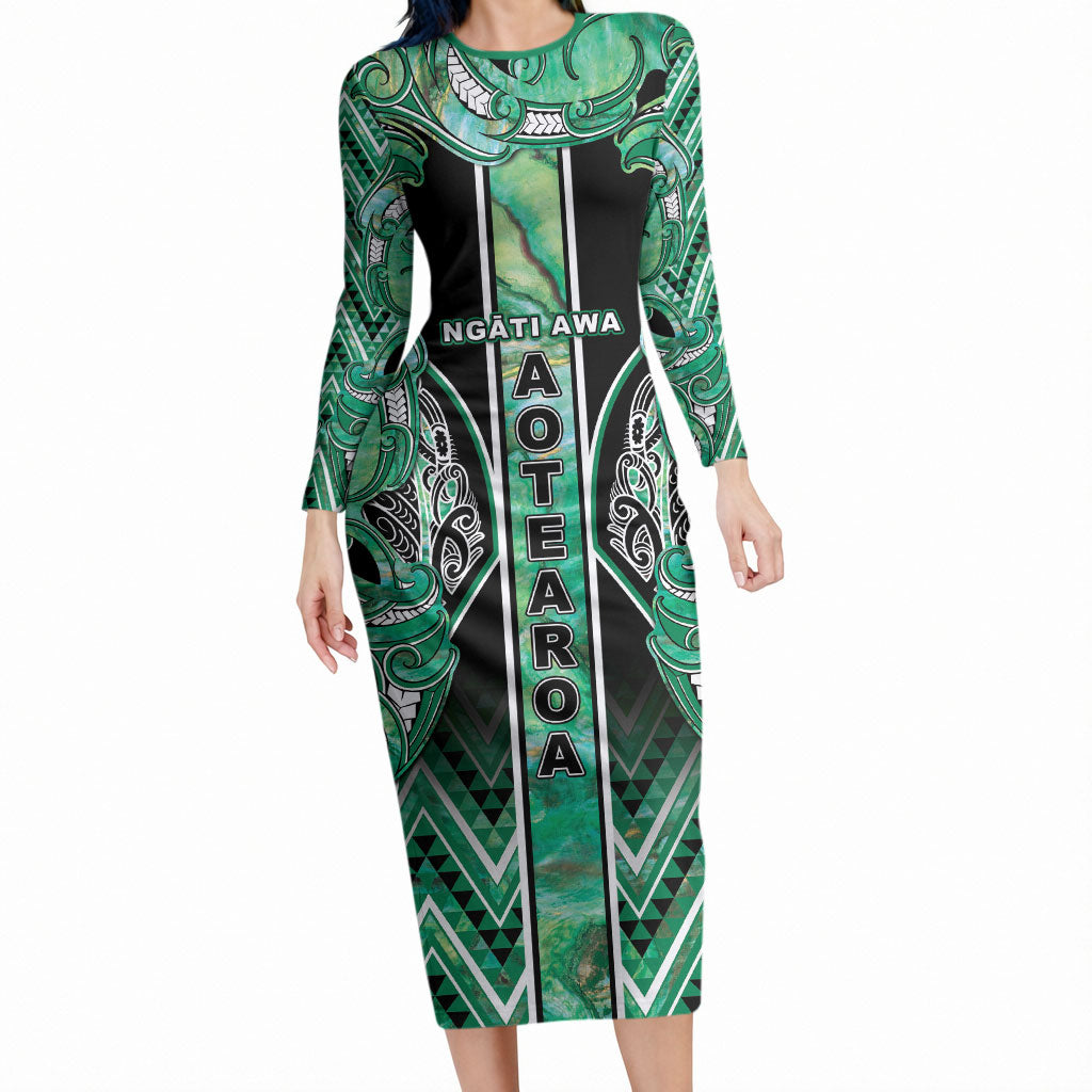 Aotearoa Ngati Awa Long Sleeve Bodycon Dress Maori Tribal Green Marble Paua Shell Pattern