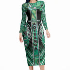 Aotearoa Ngati Awa Long Sleeve Bodycon Dress Maori Tribal Green Marble Paua Shell Pattern
