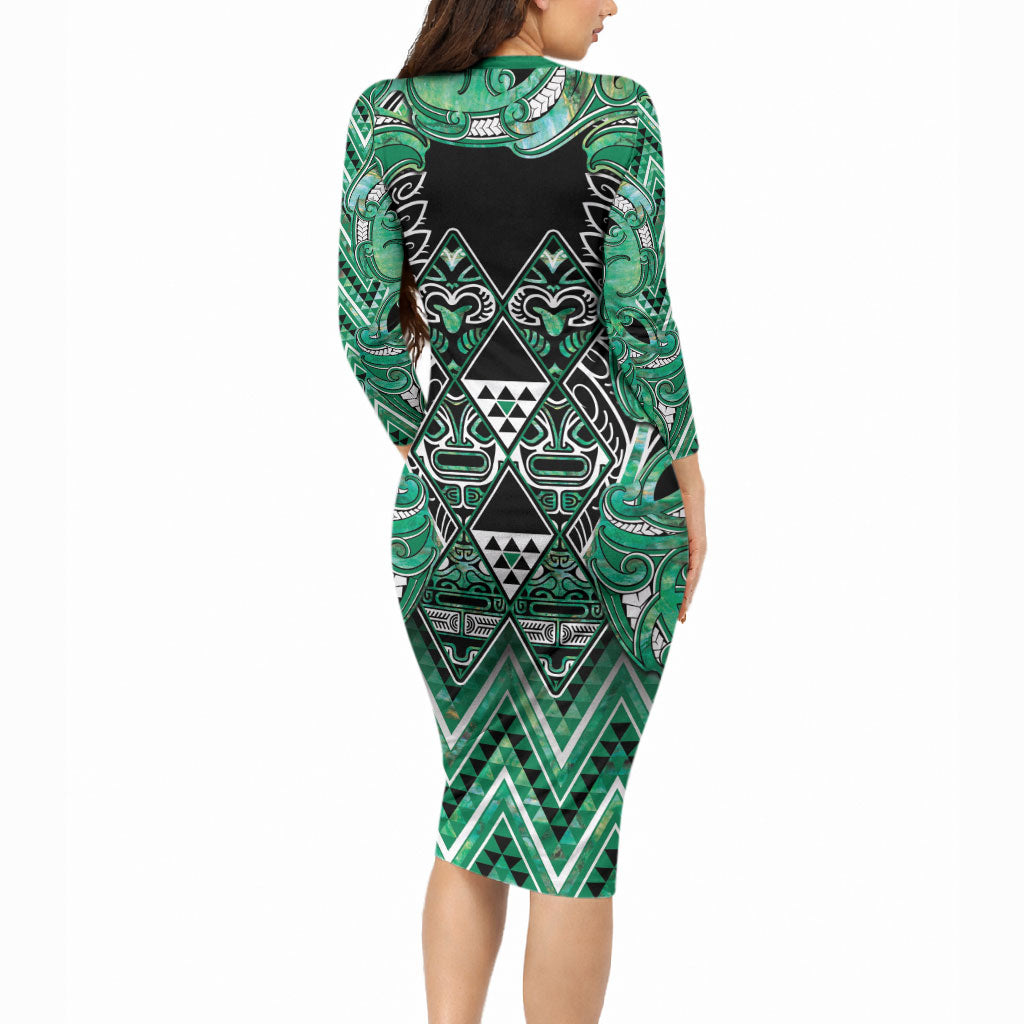 Aotearoa Ngati Awa Long Sleeve Bodycon Dress Maori Tribal Green Marble Paua Shell Pattern