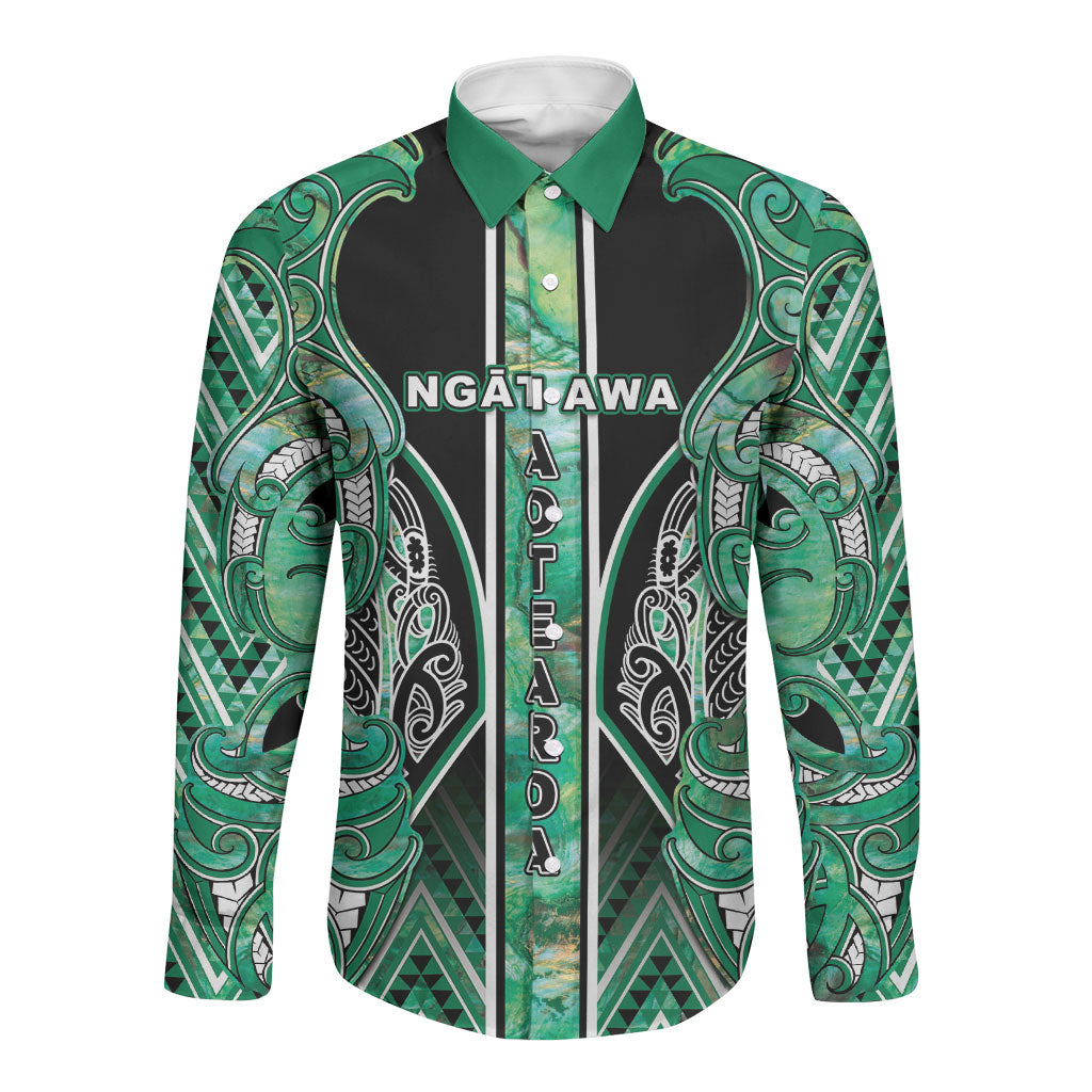 Aotearoa Ngati Awa Long Sleeve Button Shirt Maori Tribal Green Marble Paua Shell Pattern