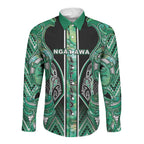 Aotearoa Ngati Awa Long Sleeve Button Shirt Maori Tribal Green Marble Paua Shell Pattern