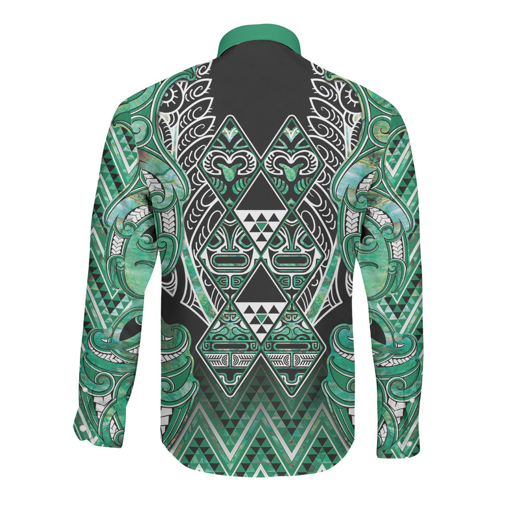 Aotearoa Ngati Awa Long Sleeve Button Shirt Maori Tribal Green Marble Paua Shell Pattern