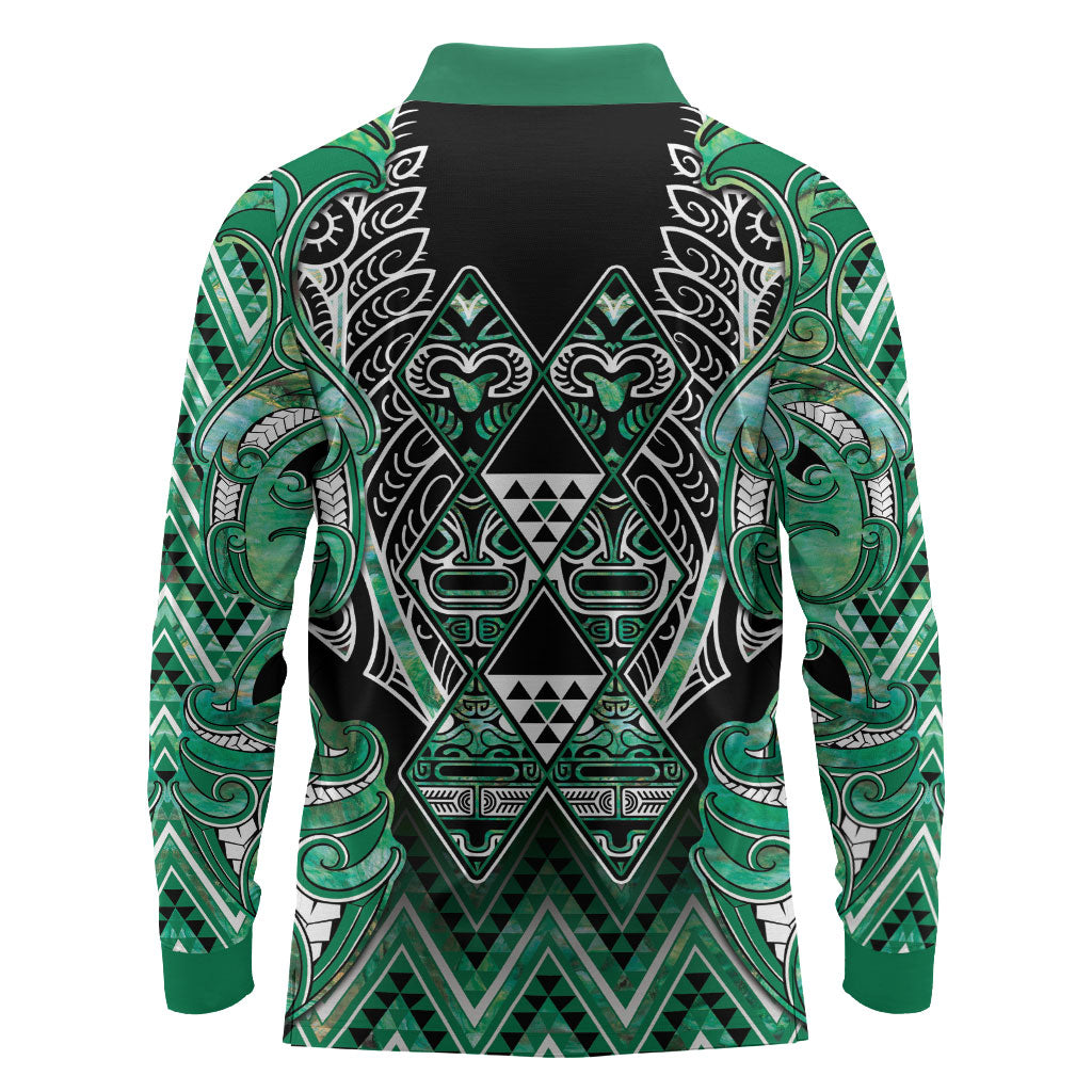 Aotearoa Ngati Awa Long Sleeve Polo Shirt Maori Tribal Green Marble Paua Shell Pattern