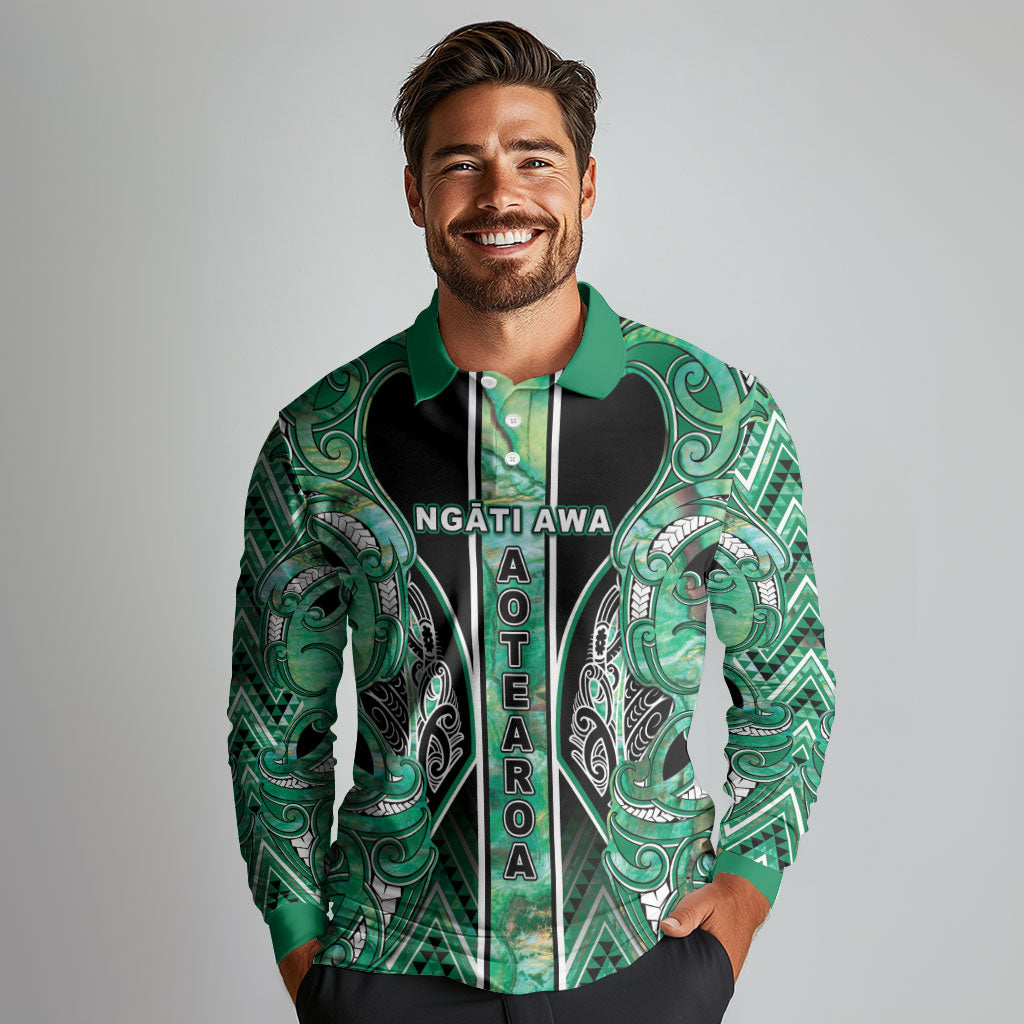 Aotearoa Ngati Awa Long Sleeve Polo Shirt Maori Tribal Green Marble Paua Shell Pattern